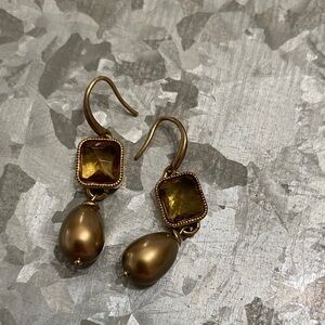 Monet Gold-Tone Earrings with Olive Crystal and Golden Pearl Drop